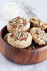 Whole wheat scones with goji berries and seed mix .Close up.