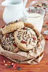 Whole wheat scones with goji berries and seed mix .Close up.