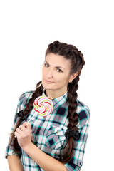 Girl with braids and lollipop.