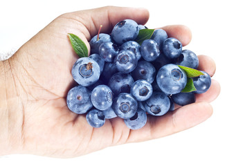 Blueberries in the man's hand.