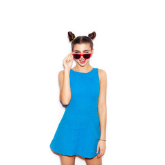 Naklejka premium Brunette Woman in sunglasses showing tongue