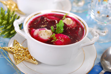 red borscht with ravioli for christmas