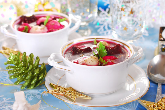 Red Borscht With Ravioli For Christmas