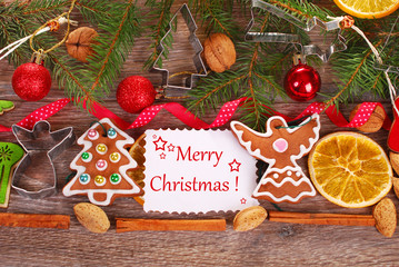 christmas  background with gingerbread cookies and decoration