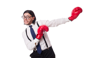 Funny young  businessman with boxing gloves isolated on white