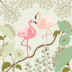 Floral background with flamingos