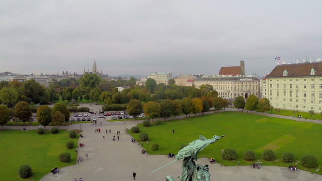 Vienna aerial city shot horse rider on Hero's square Heldenplatz