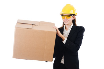 Young businesswoman with box isolated on white