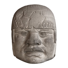 Stone Olmec head isolated on white - 73300361