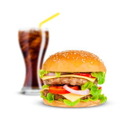 Cola and Big hamburger on white background