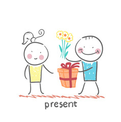 a person gives a gift of flowers girl