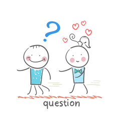 man with a question mark running away from a girl in love