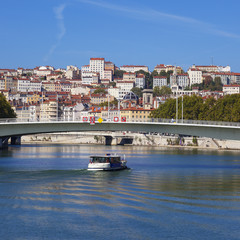 Obraz premium View on Lyon and Saone riverwith boat