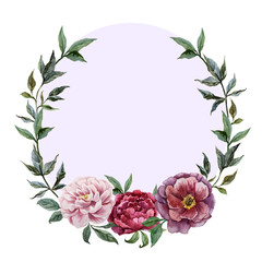 Beautiful vector watercolor frame with peonies on black fon1