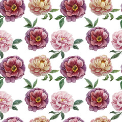 Beautiful vector watercolor pattern with peonies on white fon3