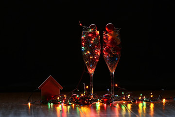 Christmas background, garland lights toys