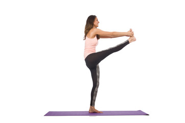 Young woman doing sport exercises isolated on white