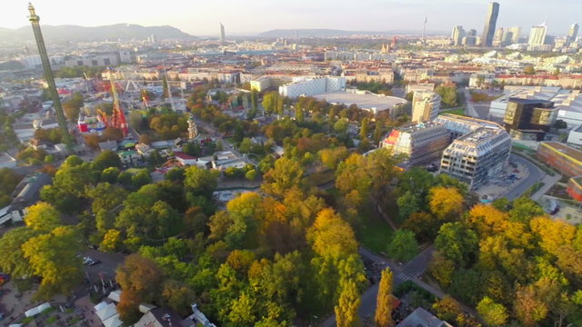 Vienna skyline aerial shot, city sky line dusk, park Prater