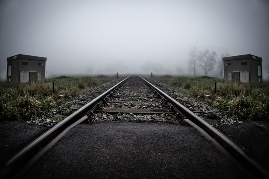 Train Railways On A Misty Morning In Austria.