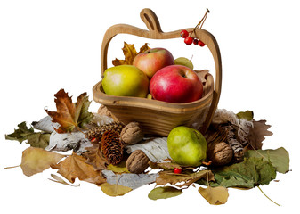 Autumn theme. Basket with apples and pear on white background