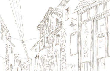 Graphic sketch depicting traditional urban European landscape