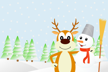 Illustration the deer and the snowman.