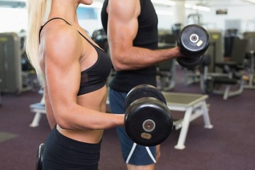 Fototapeta na wymiar Mid section of couple exercising with dumbbells in gym
