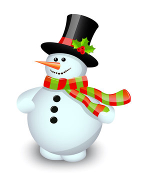 Snowman in a striped scarf  on a white background