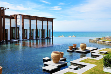 The restaurant and swimming pool near beach at luxury hotel, Cre