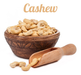 cashew nuts in bowl with scoop isolated