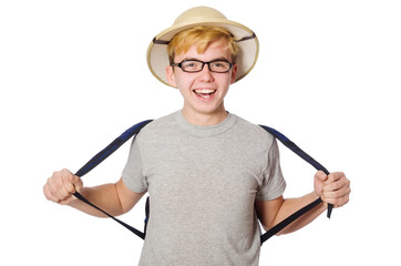 Man in safari hat in hunting concept