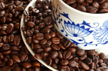 Detail of cup of coffee and pile of coffee beans