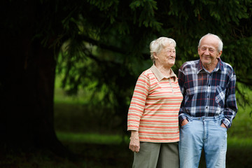 Happy senior couple looking at camera and laughing - 73315108