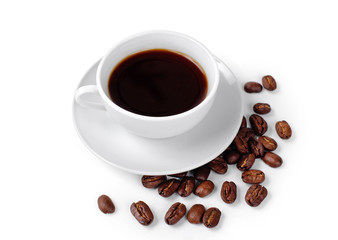 Cup of coffee on white background with coffee beans