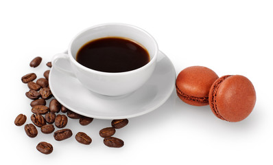Cup of coffee and macarons isolated on white background