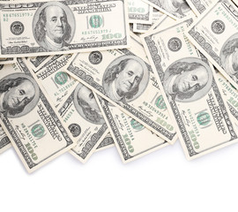 Lot of one hundred dollar bills isolated on white