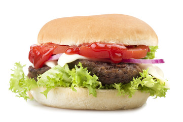Sandwich big Hamburger close up on white