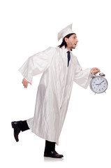 Student missing his deadlines with clock on white