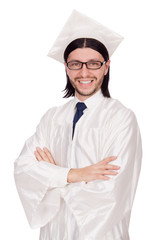 Young male student graduated from high school on white