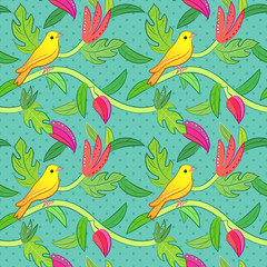 Nature seamless pattern with birds and leafs
