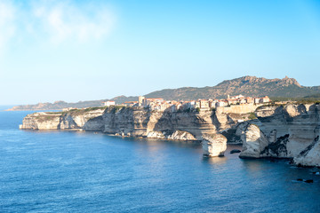 Fototapeta na wymiar Bonifacio and its white cliff at sunrise, Corsica, France