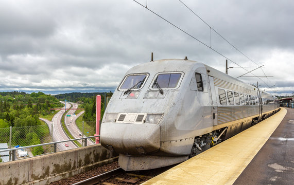 Sweden high-speed train on Sodert&auml;lje syd station in Sweden