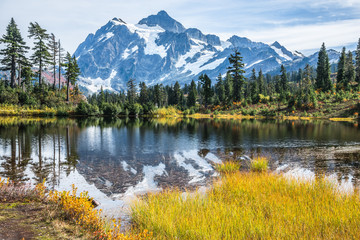 Snowy Mountain Peak Reflected in Picture Lake