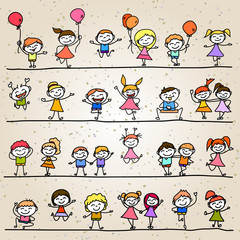 set of hand drawing cartoon abstract happy kids