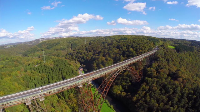 High railroad bridge in Germany Solingen, aerial shot, sunny