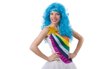 Woman with colourful wig isolated on white