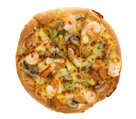 Delicious pizza with seafood isolated on white with clipping pat