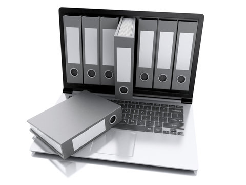 3d Laptop and files. isolated white background