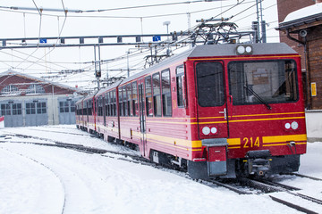 Obraz premium Train station in the Swiss Alps. JUNGFRAU, SWITZERLAND. Mountai