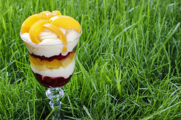 Layer fruit dessert with whipped cream topping
